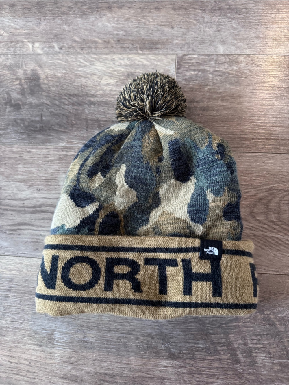 The North Face Kids Camo Pom Beanie - Olive, Black, Tan - Large